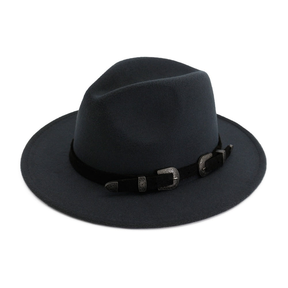 Stylish vintage unisex black fedora hat with a belt, perfect for gothic, punk, or rock fashion accessories.