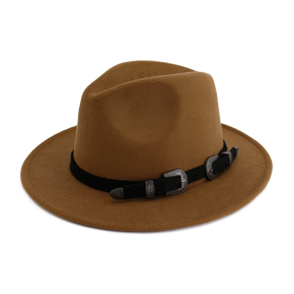 Stylish vintage unisex fedora hat in tan with a belt, perfect for edgy punk or rock outfits.