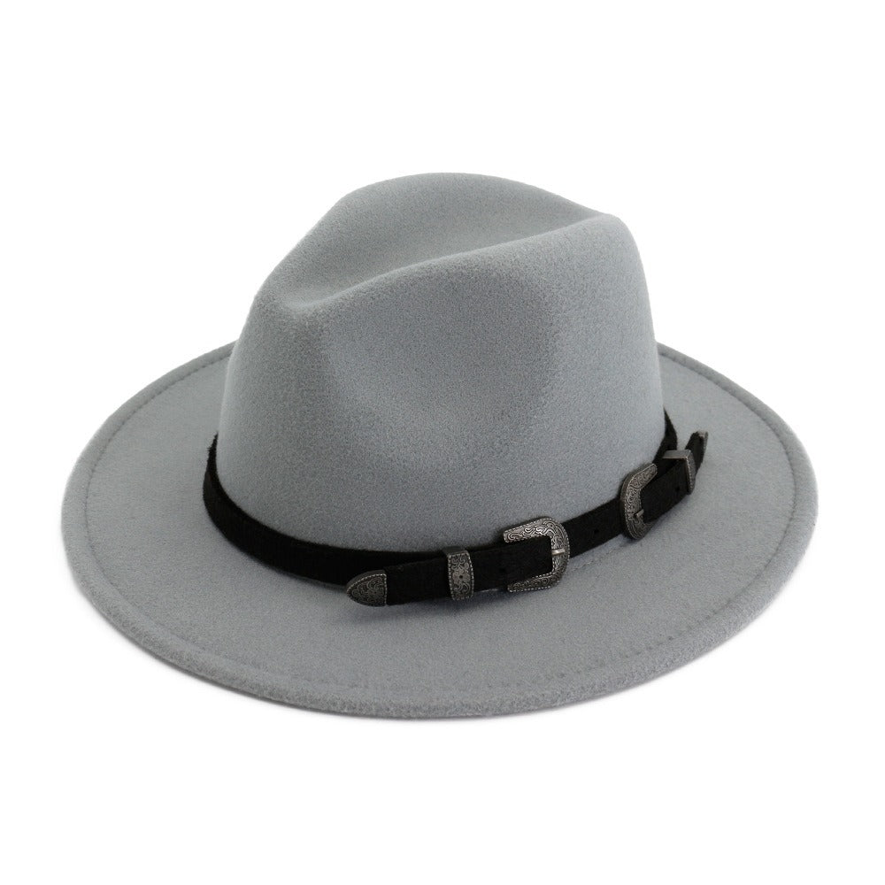 Stylish gray vintage fedora hat with a black belt, perfect for edgy unisex fashion and gothic or punk outfits.
