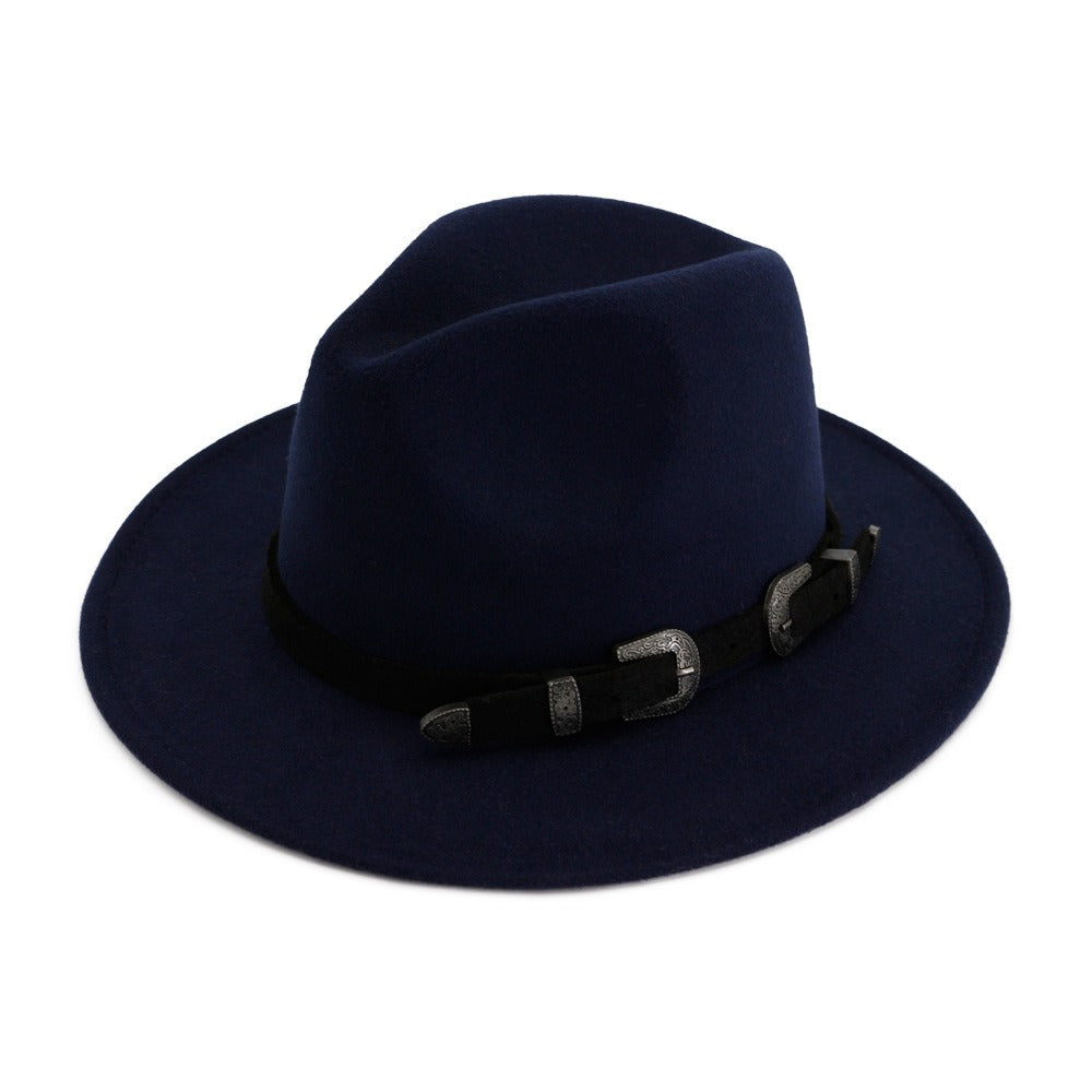 Vintage unisex fedora hat in navy blue with a stylish belt, perfect for a goth or punk look.