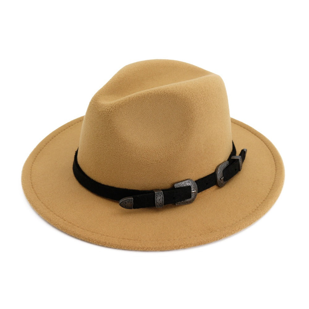 Stylish vintage fedora hat for men and women with a black belt, perfect accessory for edgy outfits.