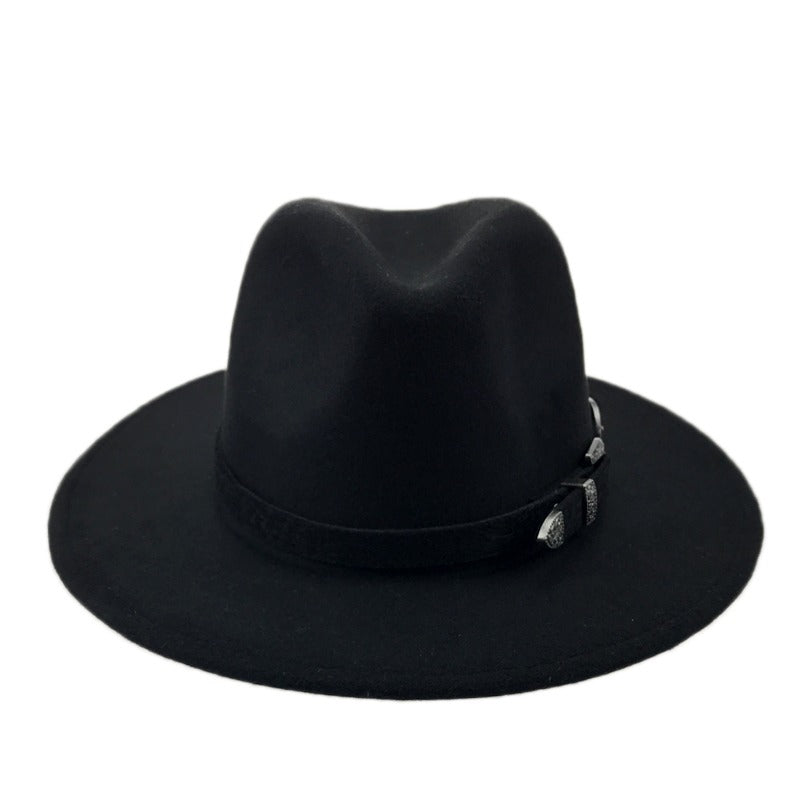 Stylish black vintage fedora hat with a decorative belt, perfect for edgy unisex fashion.