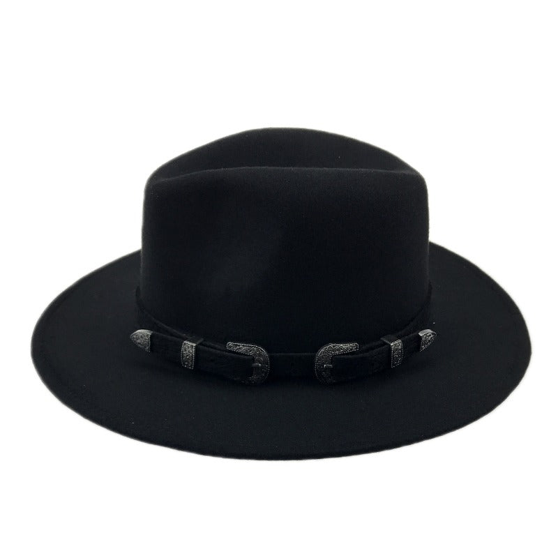 Vintage black fedora hat with stylish belt for unisex, perfect for gothic, punk, or rock fashion.