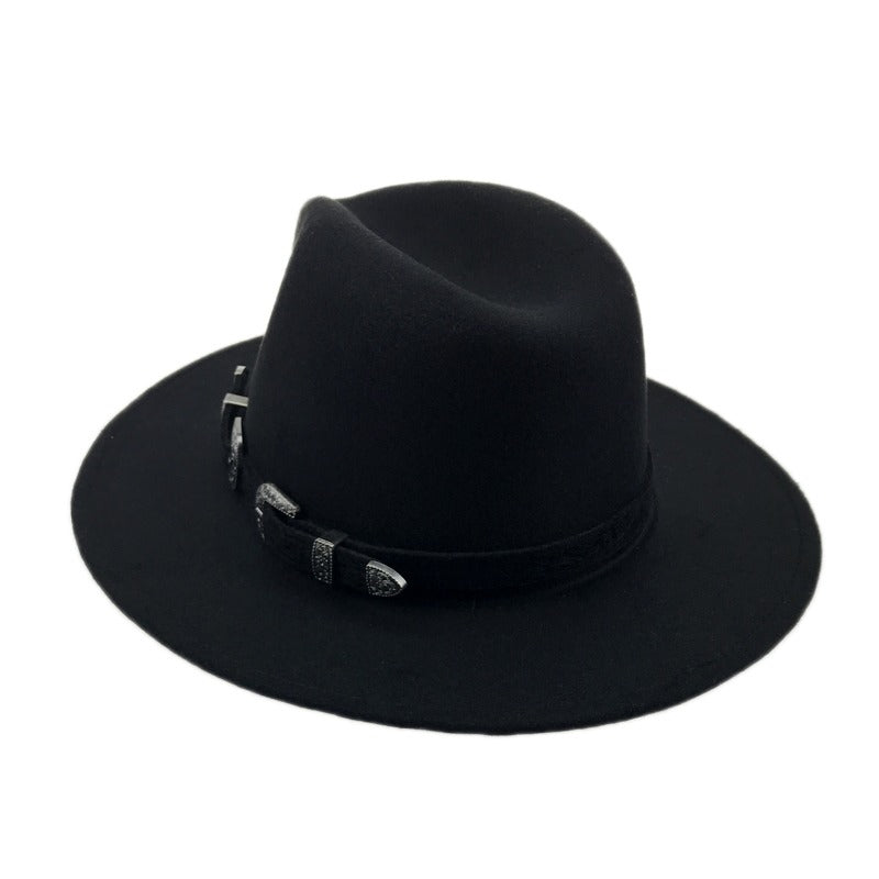 Vintage black fedora hat with stylish belt for men and women, perfect for edgy clothing and gothic fashion.