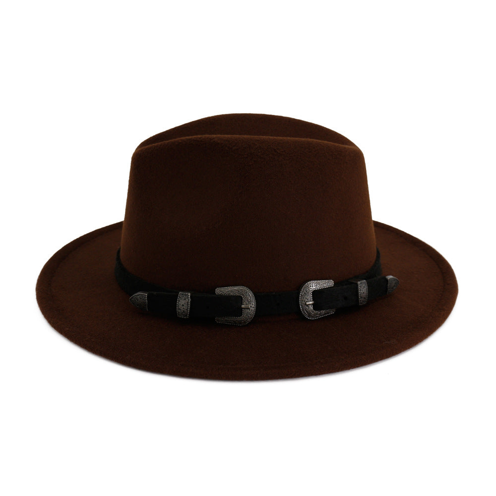 Vintage brown fedora hat with belt, a stylish unisex accessory perfect for gothic, punk, or rock fashion.