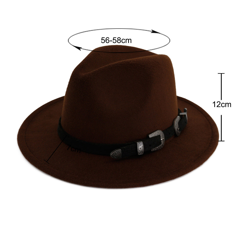 Vintage unisex fedora hat with belt, brown color, 56-58cm size, perfect for gothic, punk, or rock styles.