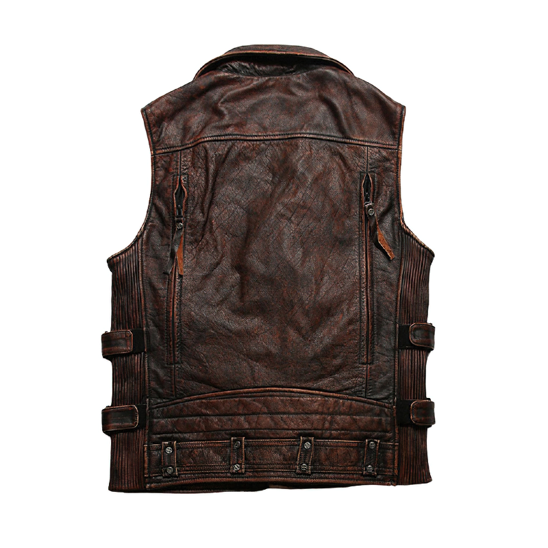 Vintage heavy genuine leather motorcycle biker vest for men, sleeveless rock style waistcoat in dark brown.