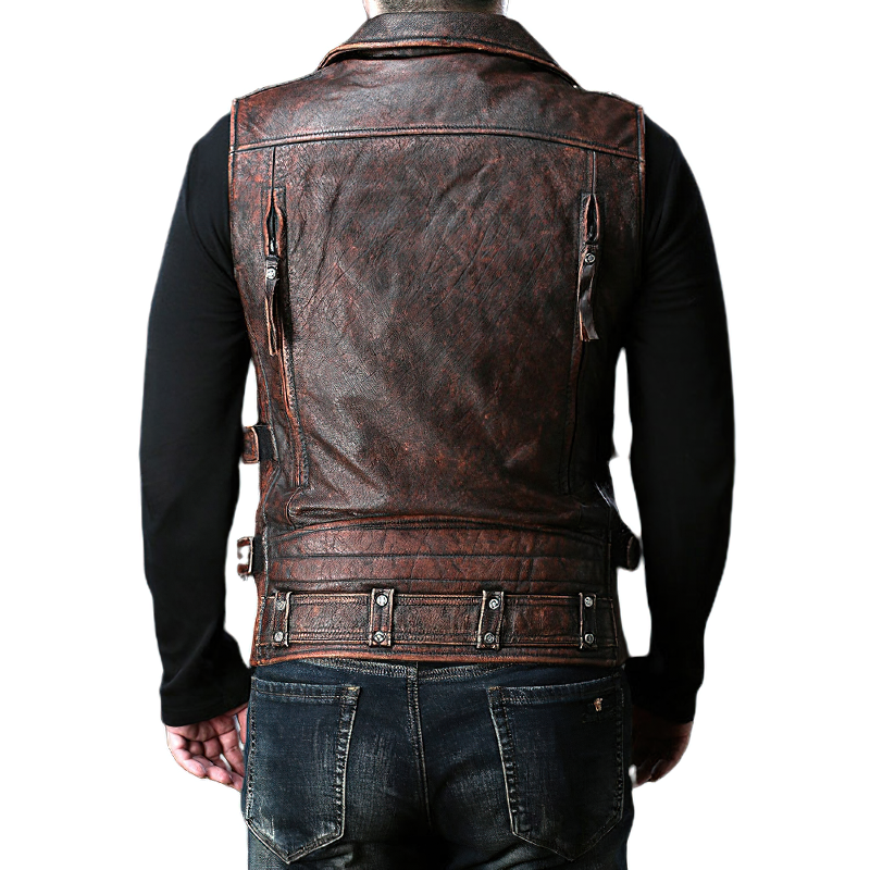 Back view of a Vintage Heavy Genuine Leather Motorcycle Biker Vest for Men in rock style.