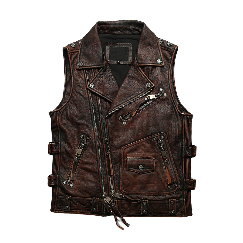Vintage heavy leather motorcycle vest for men with silver fittings and a stylish cut.