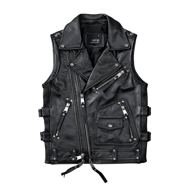 Vintage heavy genuine leather biker vest for men with silver fittings, perfect for rock style outfits.