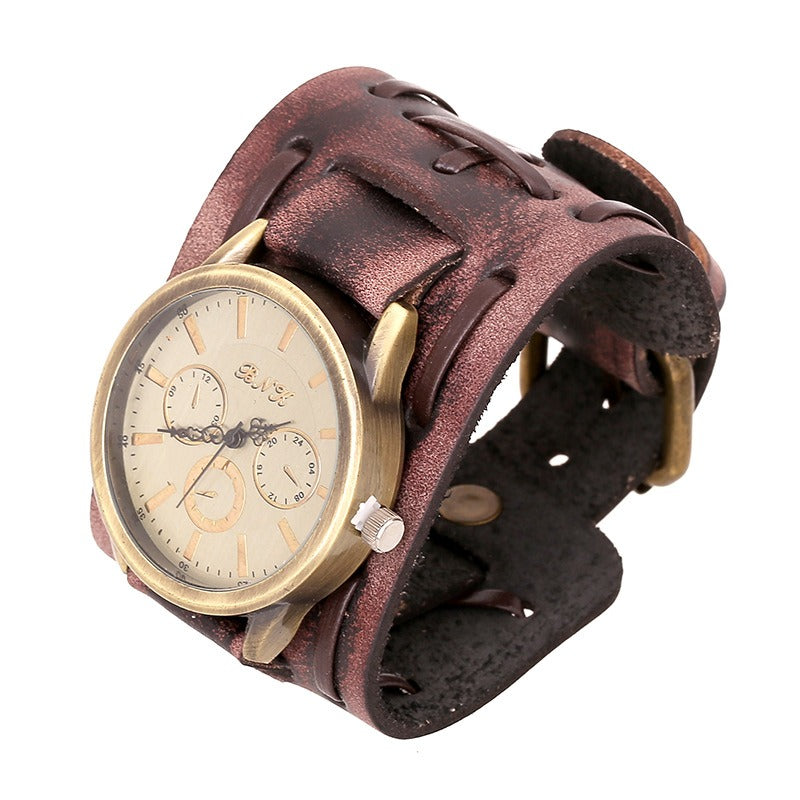 Vintage rock style leather strap watch with gold-tone face, perfect for unique goth and rock outfits.