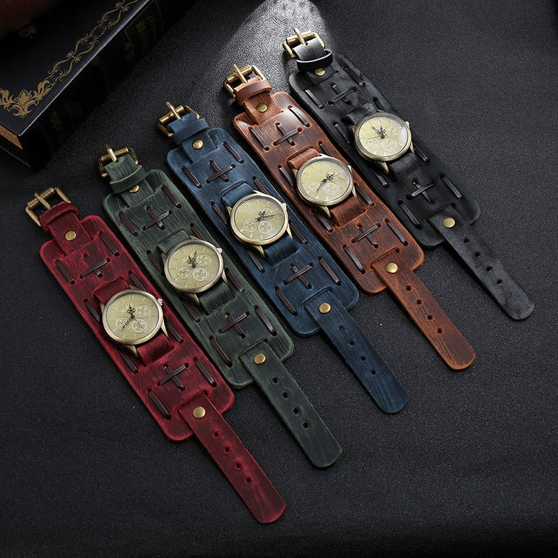 Vintage leather belt strap watches in various colors, perfect for rock style outfits.