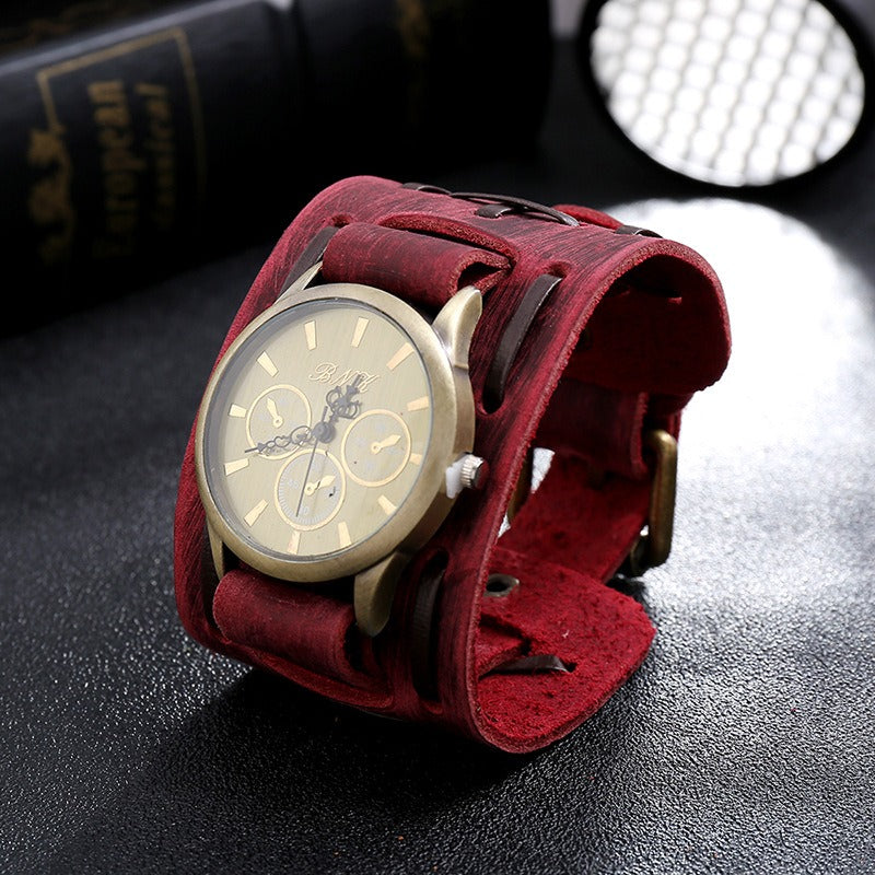 Vintage unisex rock-style watch with a burgundy leather strap, perfect for goth and rock outfits.