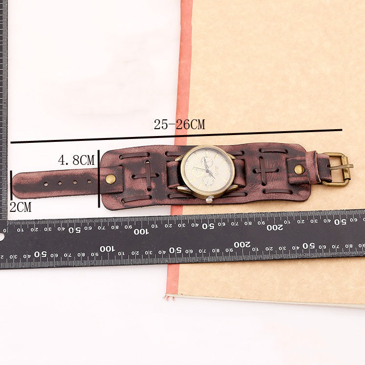 Vintage leather strap watch with measurements, perfect for rock style outfits.