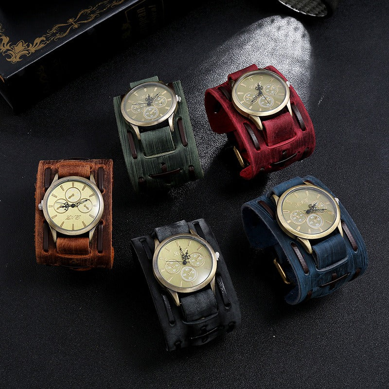 Set of vintage cool leather belt strap watches in various colors, perfect for rock style outfits.