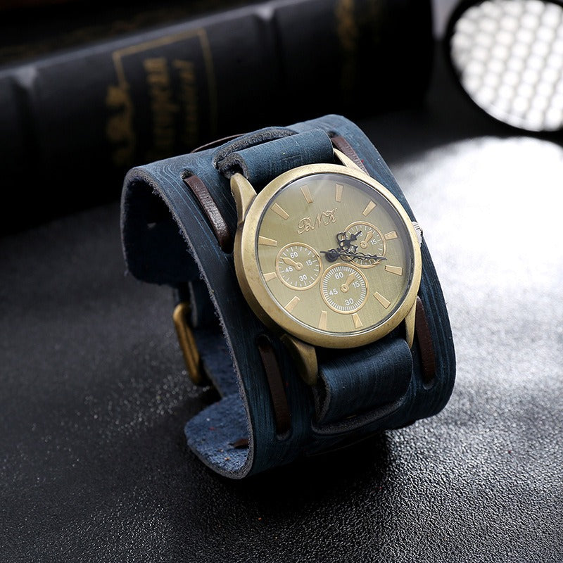 Vintage leather belt strap watch with gold face, perfect for rock style outfits and unisex fashion.