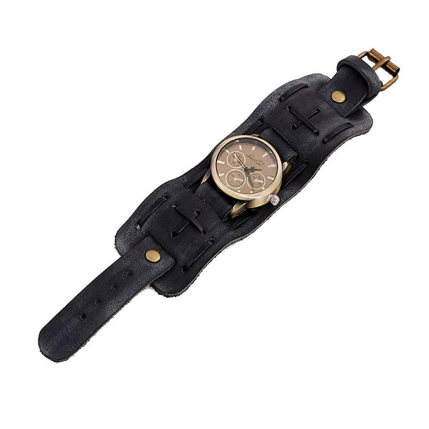 Vintage rock style watch on genuine leather strap, perfect for goth outfits and unique fashion.