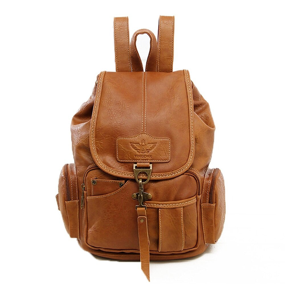 Vintage PU leather women's backpack in brown, perfect for alternative fashion and stylish grunge outfits.