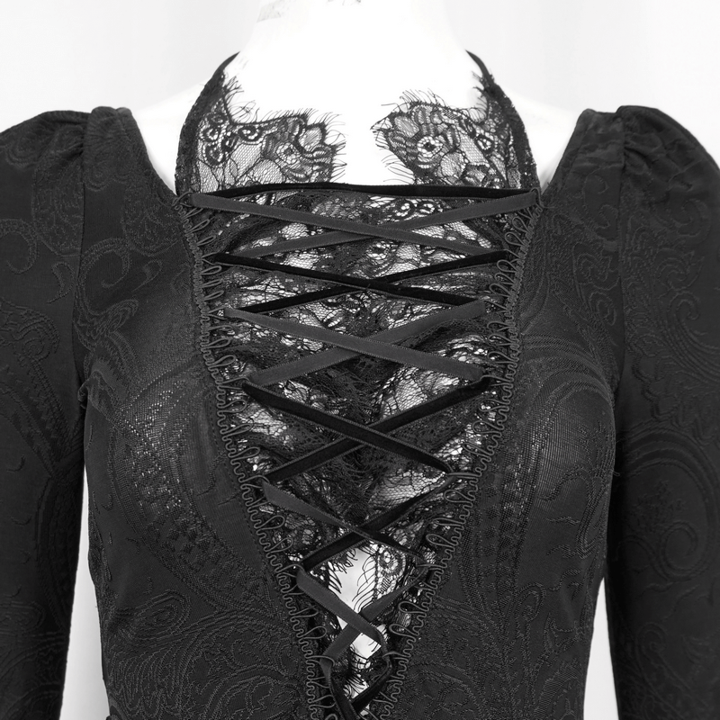 Vintage Irregular Top with Flared Lace Sleeves / Sexy Black Clothing with Lace up Front