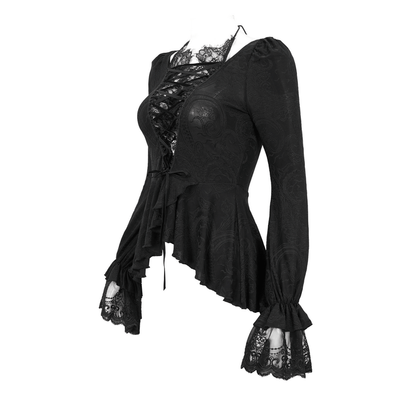 Vintage black top with flared lace sleeves and lace-up front, perfect for a sultry outfit.