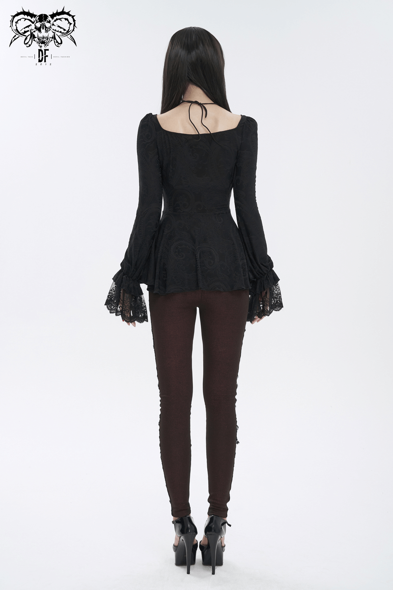 Vintage Irregular Top with Flared Lace Sleeves / Sexy Black Clothing with Lace up Front