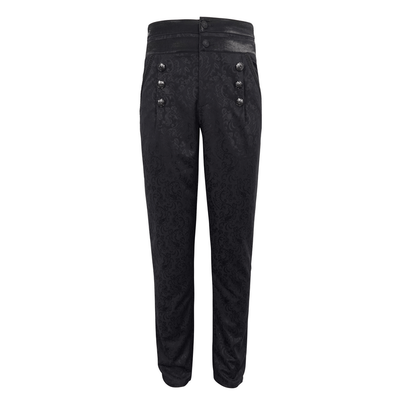 Vintage Jacquard High-Waisted Pants / Gothic Male Black Trousers with Buttons and Pockets