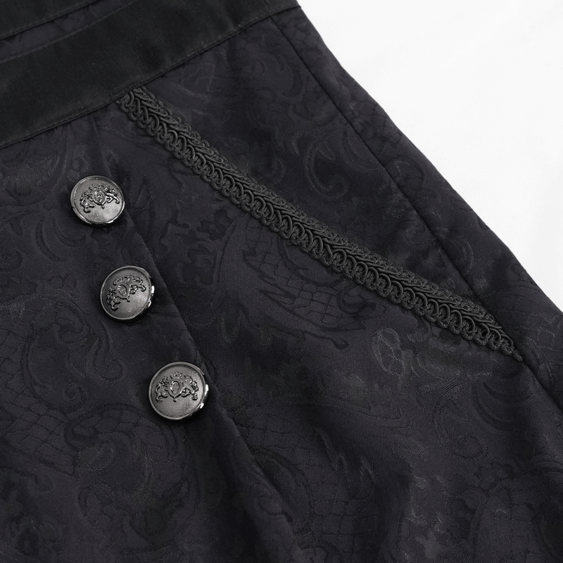 Close-up of vintage black jacquard high-waisted pants featuring decorative buttons and stylish pockets.