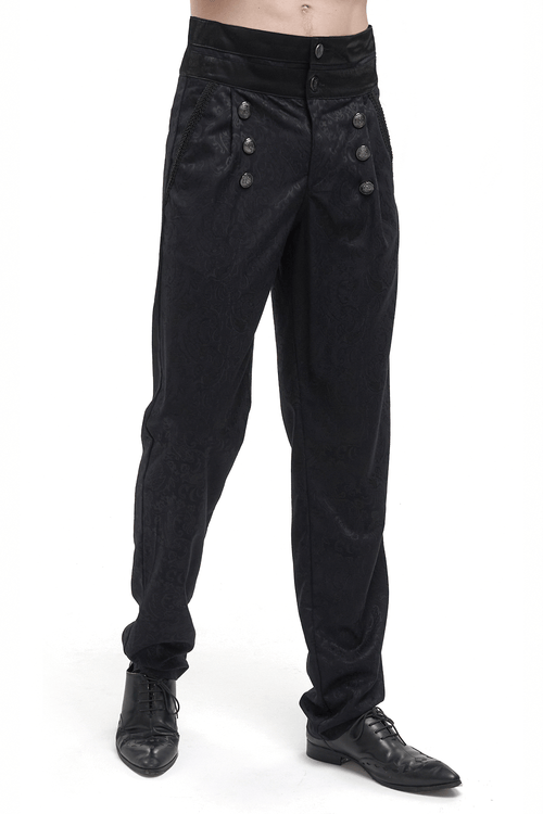 Vintage Jacquard High-Waisted Pants / Gothic Male Black Trousers with Buttons and Pockets