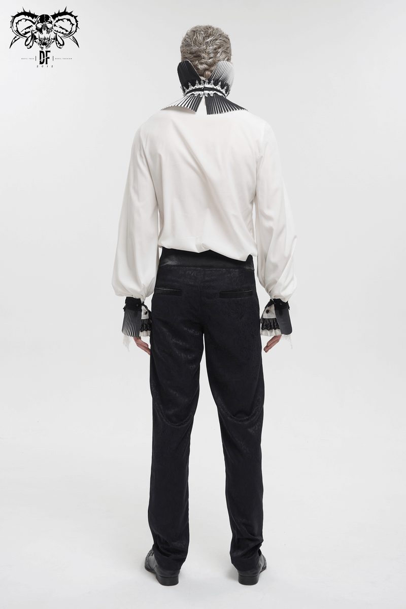 Back view of a model wearing vintage gothic black high-waisted jacquard pants and a stylish white shirt.