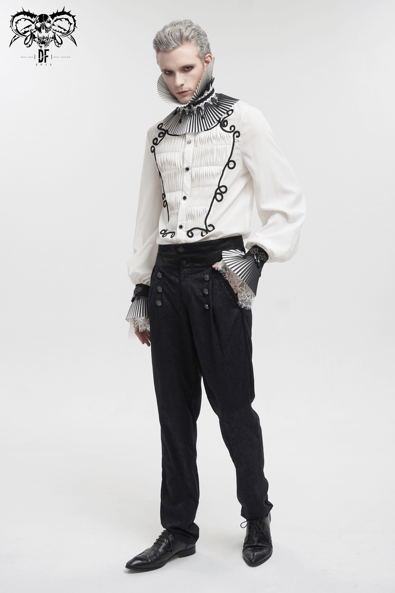 Gothic male model in stylish white shirt and black high-waisted jacquard pants with buttons, perfect for a vintage look.