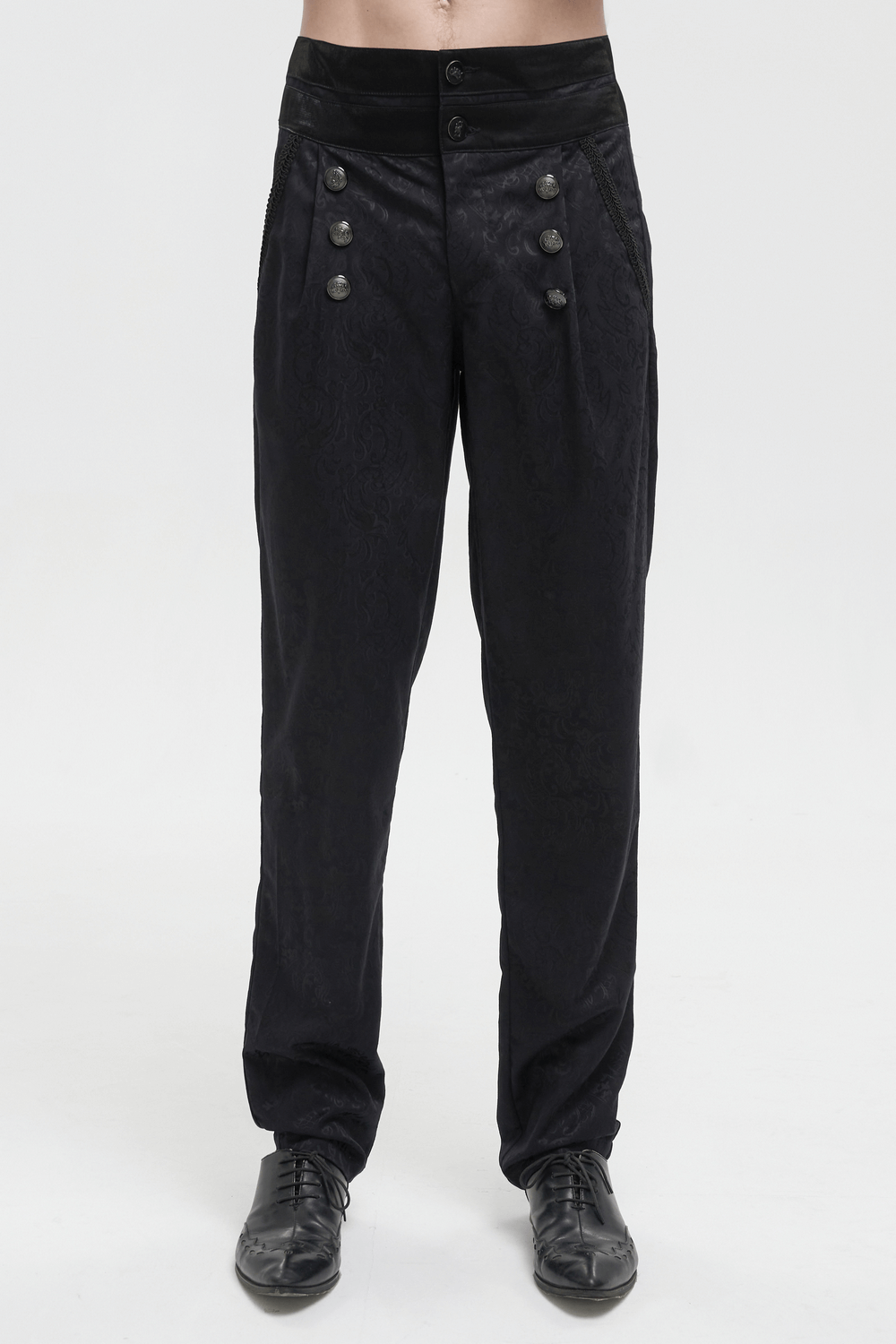 Vintage Gothic high-waisted black jacquard pants with buttons and pockets for men.