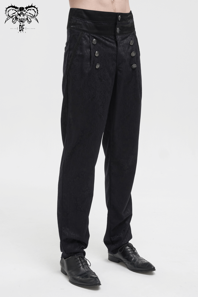 Vintage Jacquard High-Waisted Pants / Gothic Male Black Trousers with Buttons and Pockets