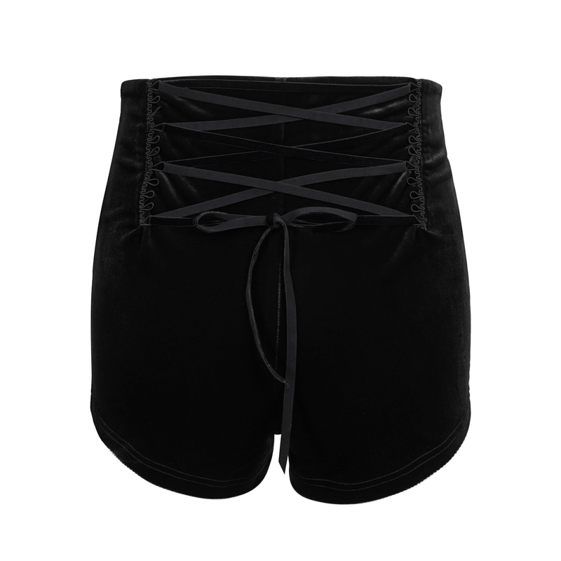Vintage Lace Appliqued Velvet Shorts For Women / Gothic Sexy Black Shorts with Lace up on Back