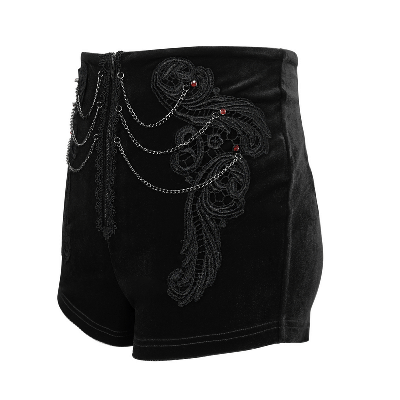 Vintage black velvet appliqued shorts for women, featuring gothic lace and chain details for a luxurious look.