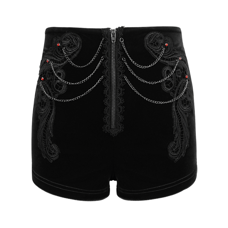 Vintage gothic black velvet shorts with lace appliques and decorative chains on the back.