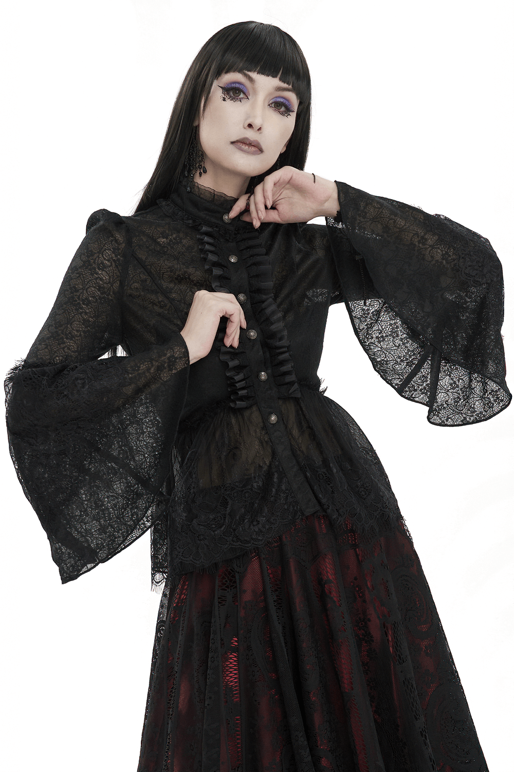 Gothic vintage lace blouse with flared long sleeves and stand collar, perfect for stylish elegance.