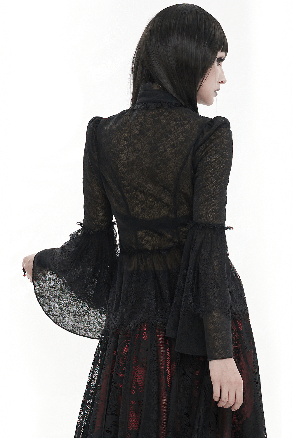 Back view of a vintage lace flared blouse with long sleeves, ideal for gothic fashion lovers.