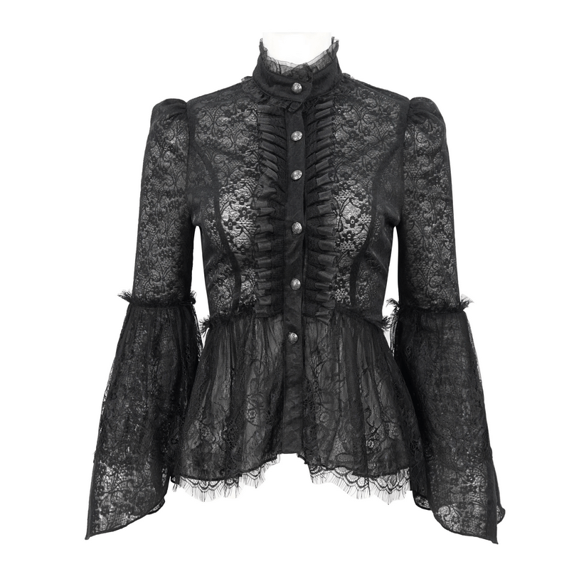 Vintage lace flared long sleeves blouse with gothic stand collar and button details for elegant style.