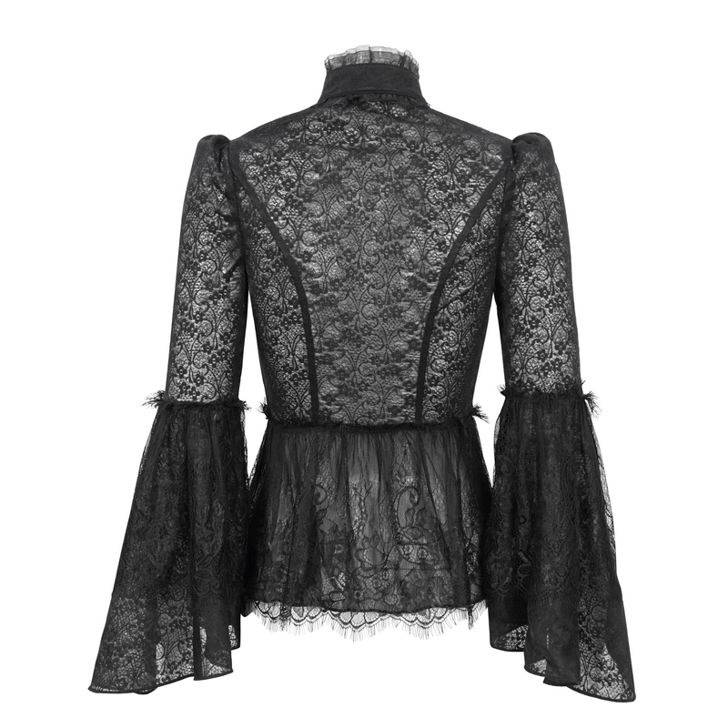 Back view of Vintage Lace Flared Long Sleeves Blouse with Gothic Stand Collar and Buttoned Closure.