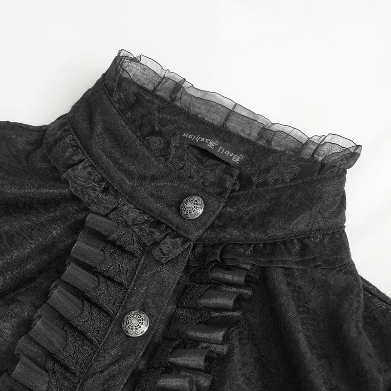 Close-up of vintage gothic blouse featuring ornate stand collar, lace detail, and decorative buttons.