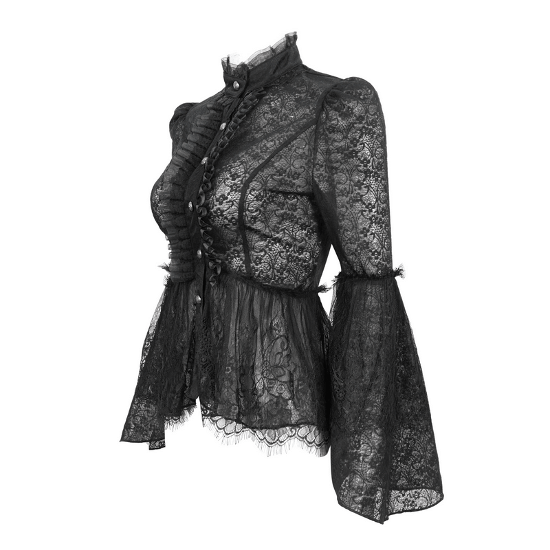 Vintage Lace Flared Long Sleeves Blouse / Gothic Stand Collar Shirt with Buttons - HARD'N'HEAVY
