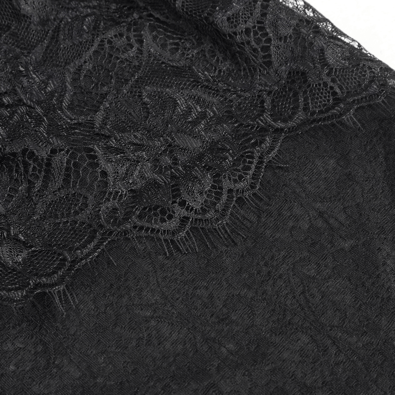 Close-up of intricate black vintage lace detail on a gothic blouse, perfect for adding elegance to your wardrobe.