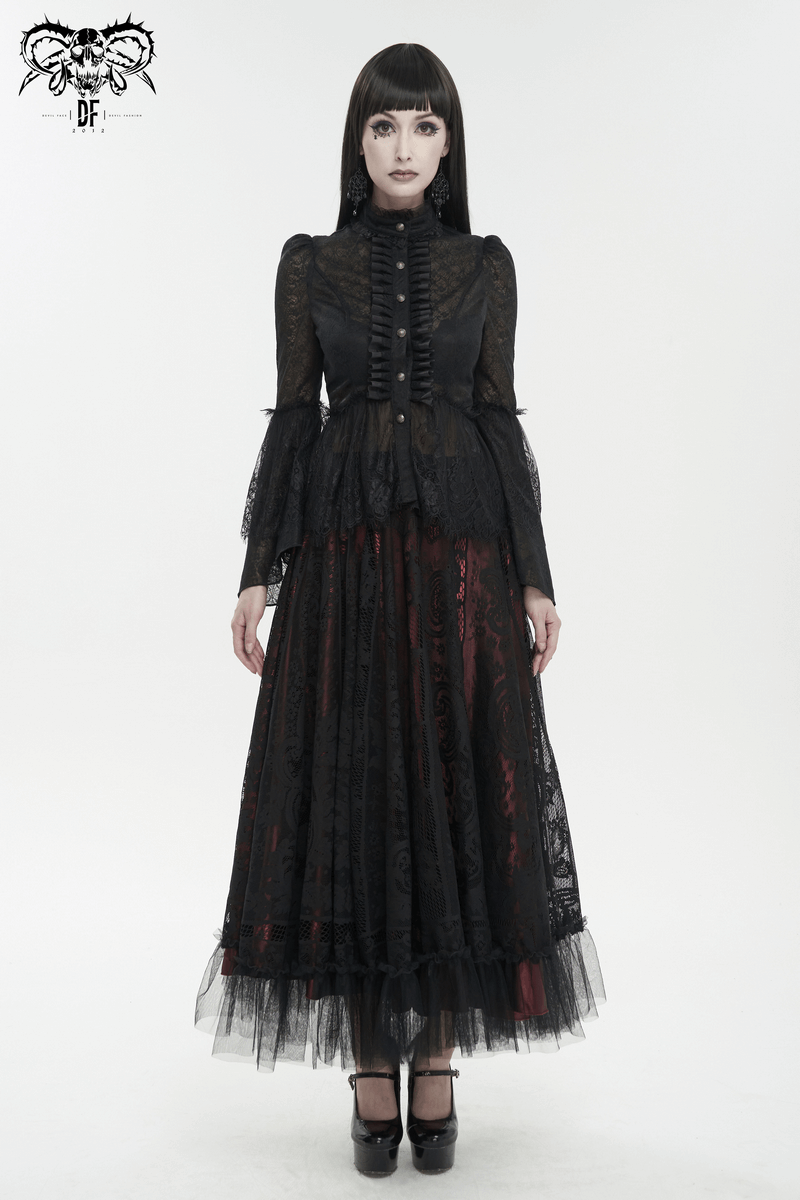 Vintage Lace Flared Long Sleeves Blouse / Gothic Stand Collar Shirt with Buttons - HARD'N'HEAVY
