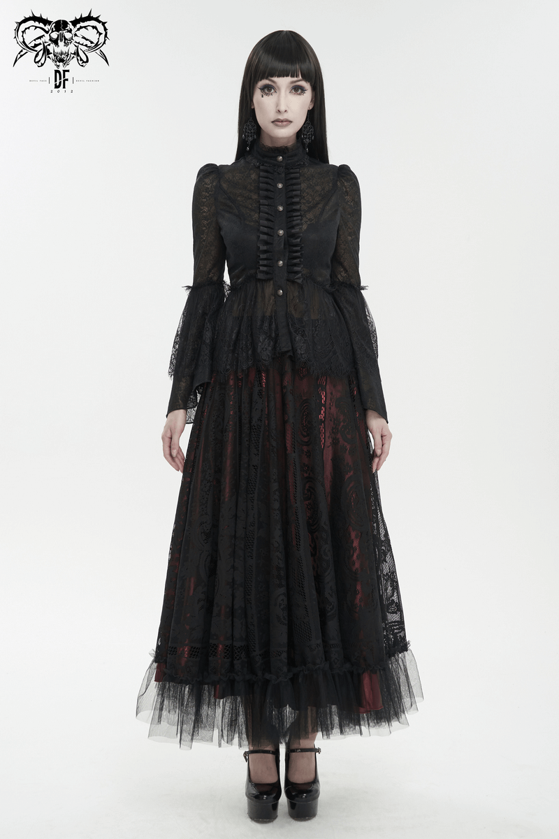 Gothic lace flared long sleeves blouse with stand collar and buttons, perfect for vintage-inspired fashion.