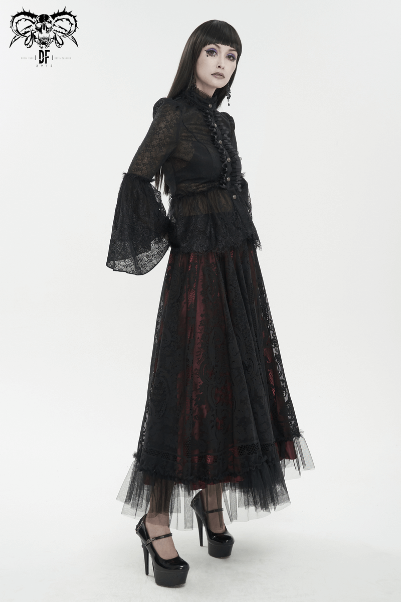 Vintage lace flared long sleeves blouse with gothic stand collar, styled with a dramatic black skirt and high heels.