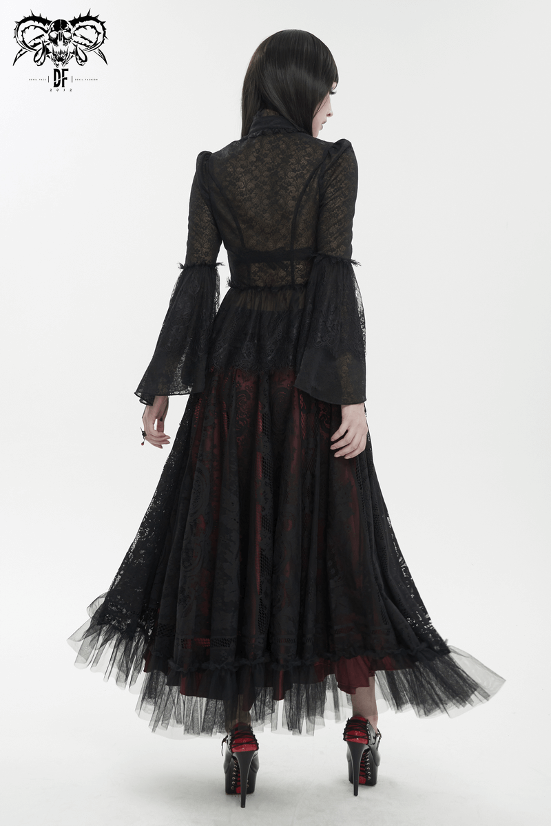 Back view of a vintage lace flared blouse with long sleeves and gothic stand collar, perfect for elegant style.