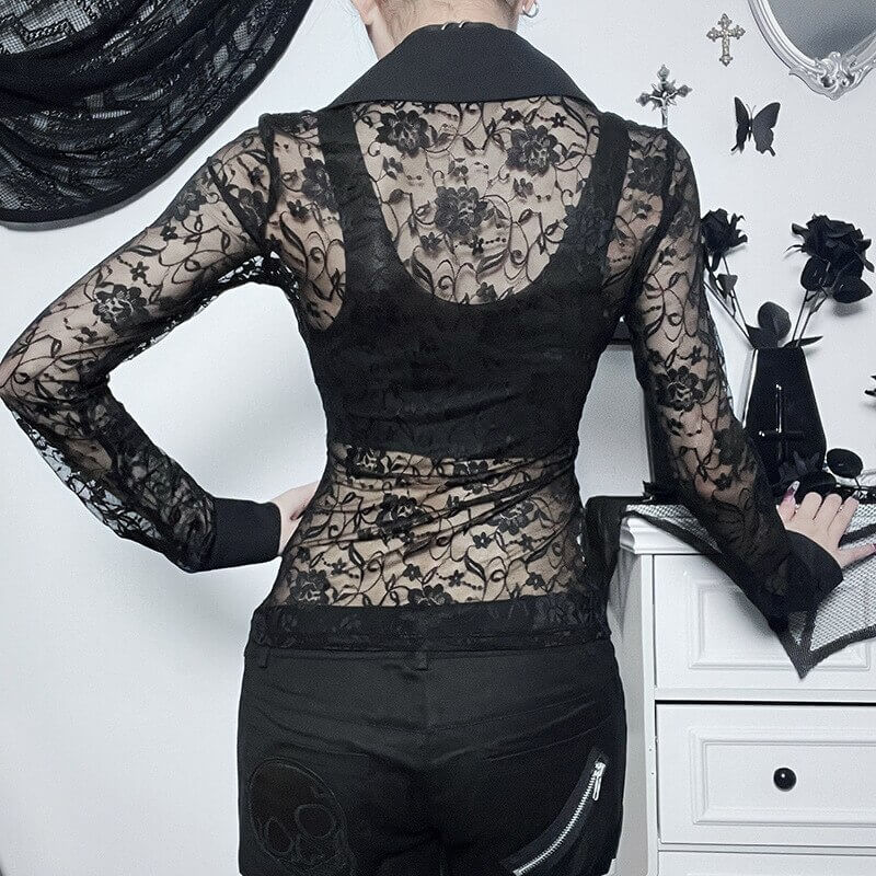 Vintage Lace See Through Blouse for Women / Sexy Elegant Long Sleeves Slim Skinny Shirts - HARD'N'HEAVY