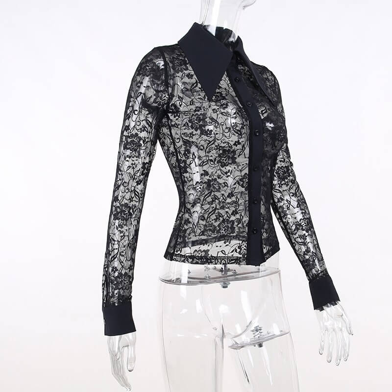 Vintage Lace See Through Blouse for Women / Sexy Elegant Long Sleeves Slim Skinny Shirts - HARD'N'HEAVY