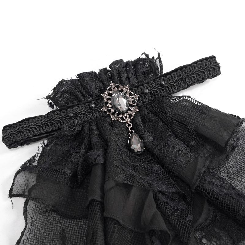 Vintage ladies black lace tie with brooch, elegant gothic accessory for women.