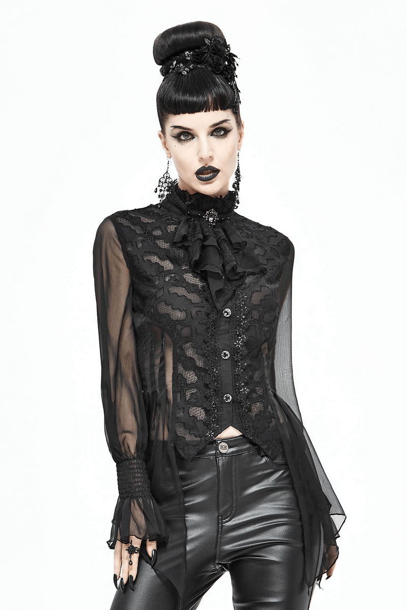 Gothic black blouse with lace details and ruffled collar, paired with leather pants, perfect for alternative fashion.